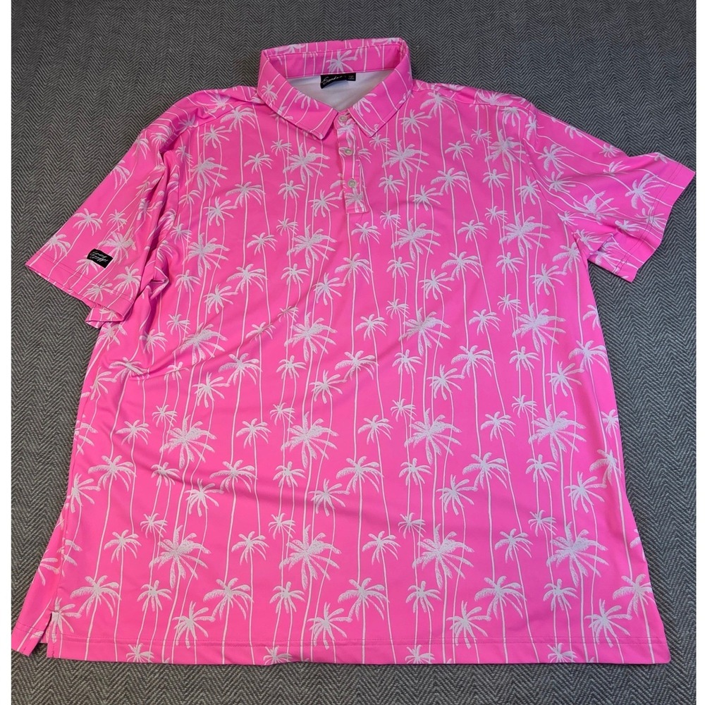 Sunday Swagger Mens 2XL Pink Palm Tree Performance Golf Polo Shirt Short Sleeve